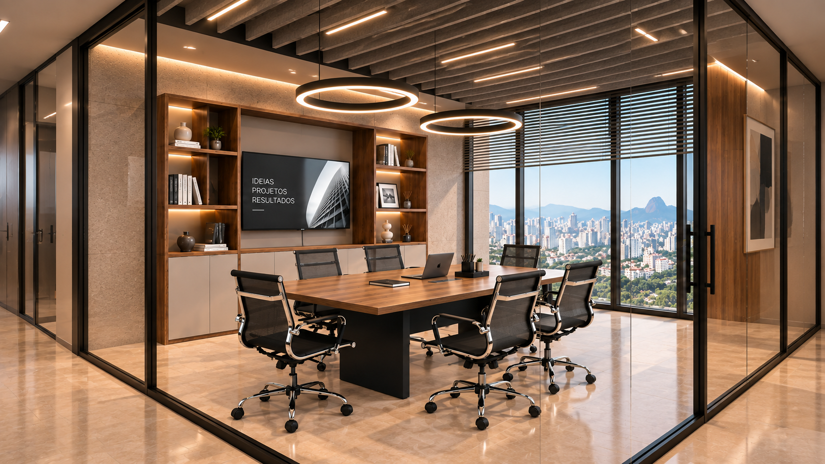 Sala de reunião executiva com cadeiras corporativas e mobiliário em madeira