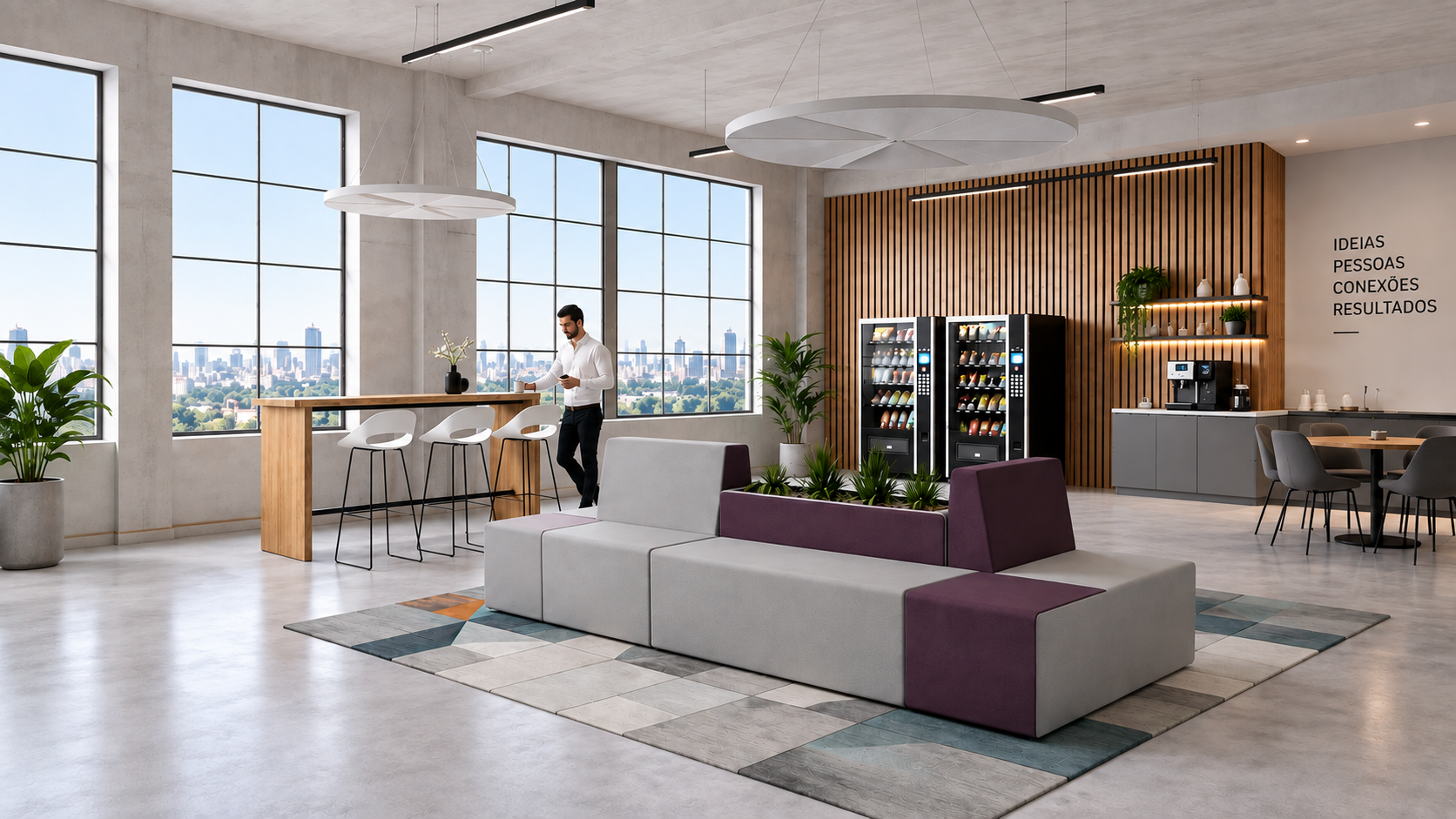 Ambiente corporativo com sofá modular, poltronas e bancada